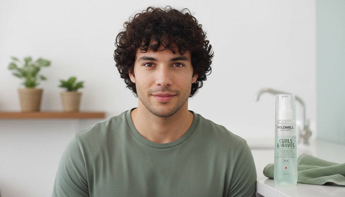 KI-generiert: Mann mit lockigem Haar und dem Goldwell Curls Serum