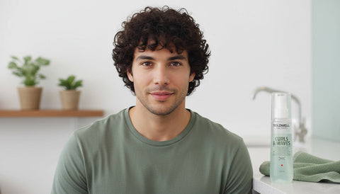 KI-generiert: Mann mit lockigem Haar und dem Goldwell Curls Serum