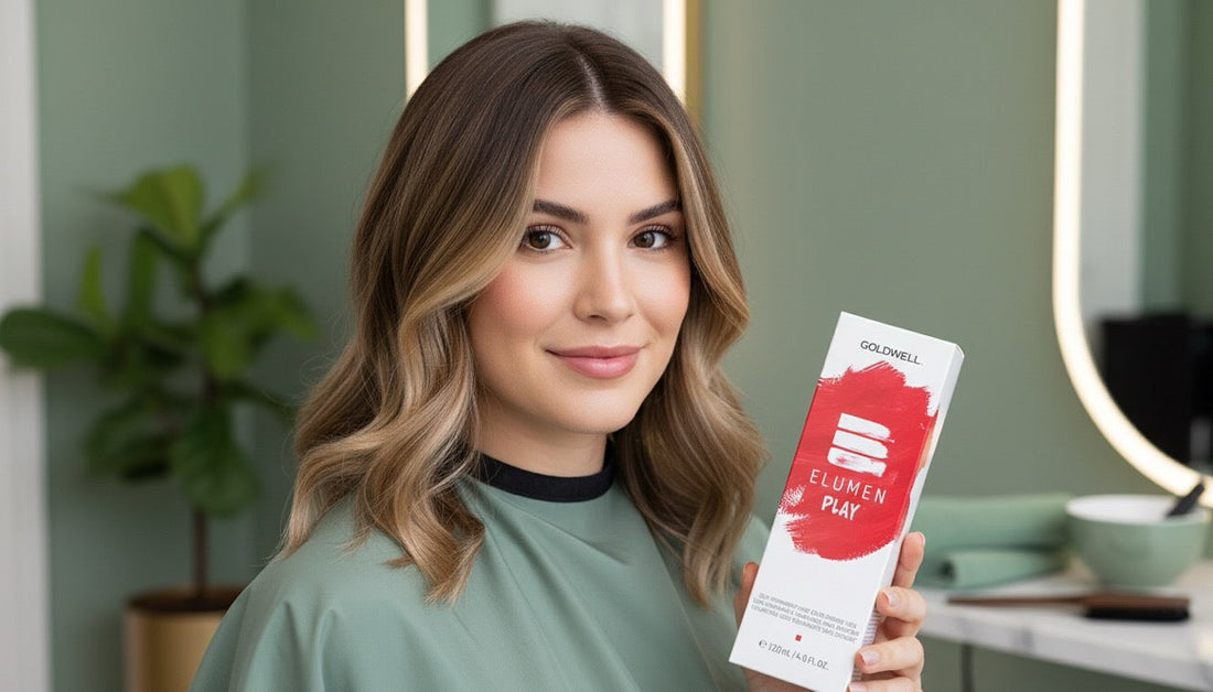 KI-generiert: Model mit welligem Haar präsentiert eine Packung der Semi Permanenten Haarfarbe