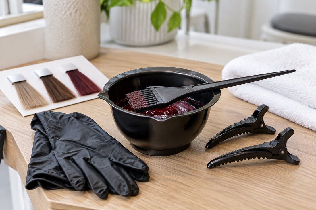 AI: Färbeschale mit roter Farbe, Pinsel, Handschuhe und Abteilclips am hellen Salonarbeitsplatz. KI-generiertes Titelmotiv.