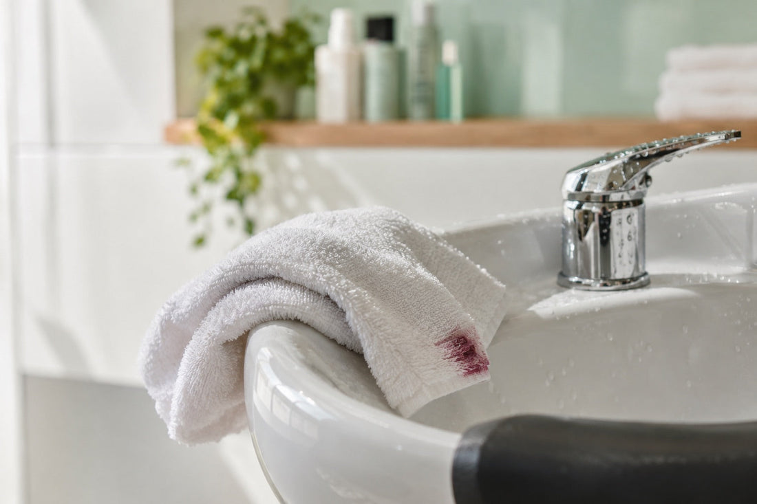 AI: Weißes Handtuch mit leichter Farbspur am Waschplatz. KI-generiertes Titelmotiv.