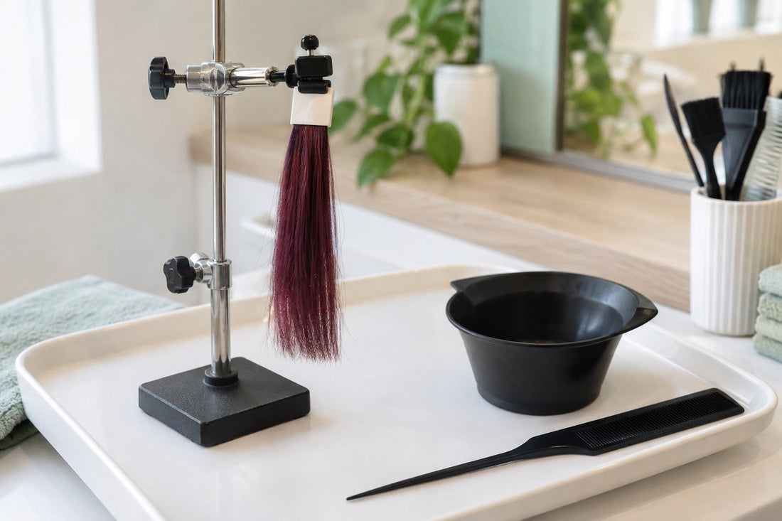 AI: Einzelne rote Probesträhne mit Schale und Kamm am Salonarbeitsplatz. KI-generiertes Titelmotiv.
