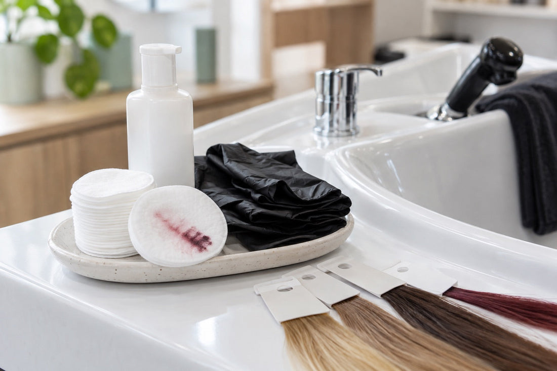 AI: Wattepads, Handschuhe und neutraler Spender zur punktuellen Reinigung von Farbflecken. KI-generiertes Titelmotiv.