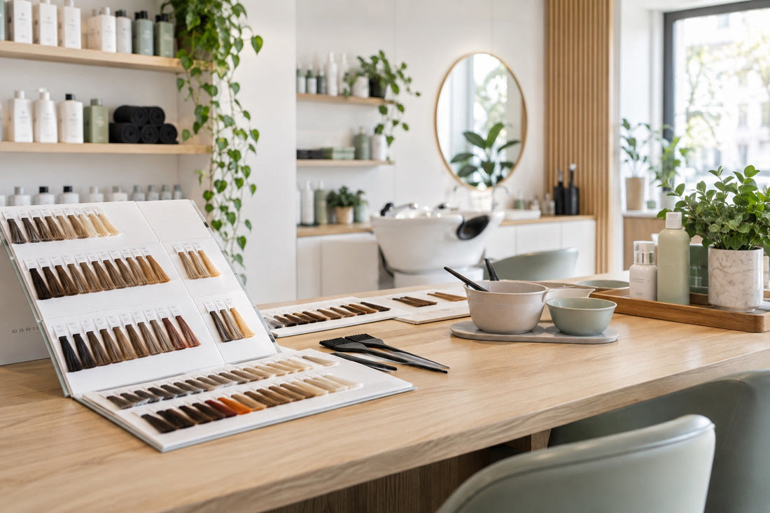 AI: Heller leerer Salon mit geordneten Farbmustern und Färbewerkzeugen. KI-generiertes Titelmotiv.