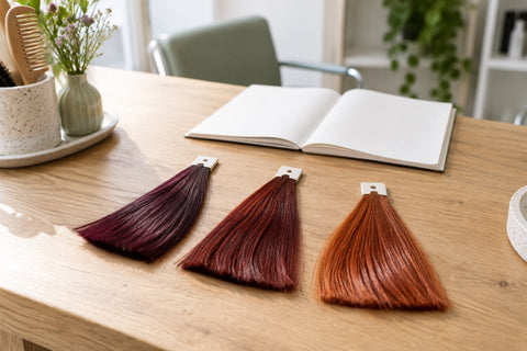 AI: Violette, rote und kupferfarbene Mustersträhnen zur Planung eines Farbwechsels. KI-generiertes Titelmotiv.