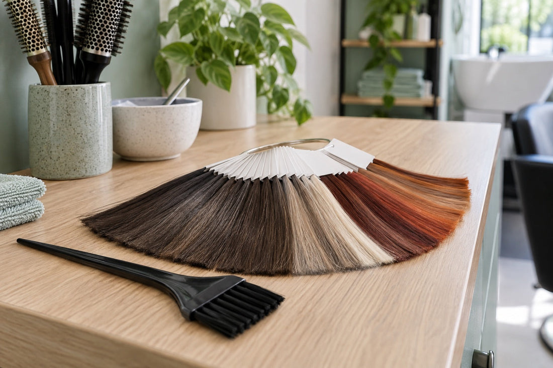 AI: Farbmusterfächer und Färbewerkzeuge auf einer hellen Salonablage. KI-generiertes Titelmotiv.