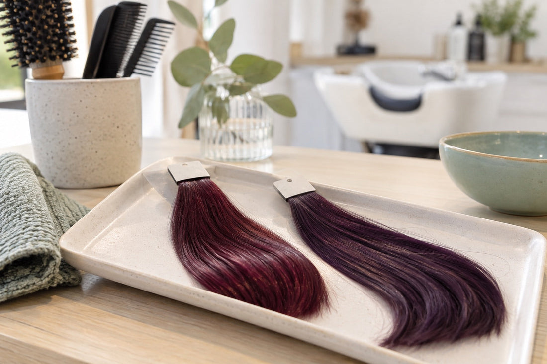 AI: Weinrote und violette Mustersträhnen als illustrative Farbrichtungen. KI-generiertes Titelmotiv.