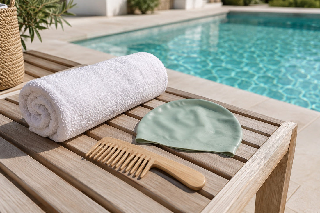 AI: Handtuch, mintgrüne Badekappe und Kamm auf einer Liege am Pool. KI-generiertes Titelmotiv.