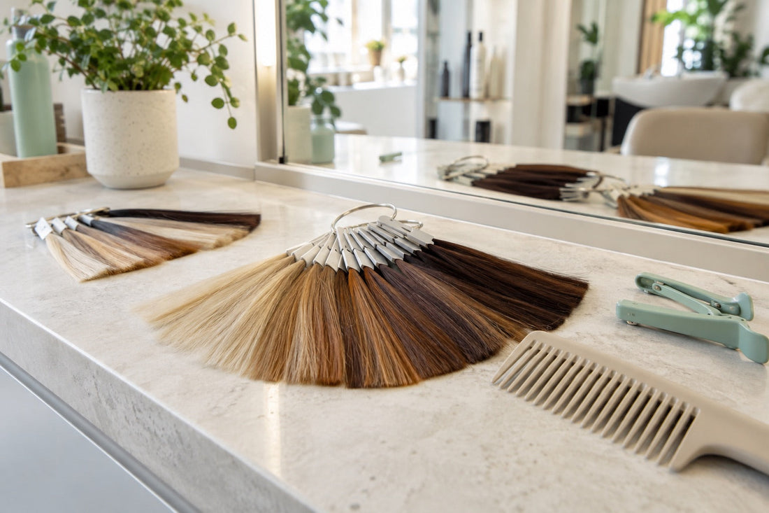 AI: Blonde und braune Mustersträhnen, Kamm und Clips am hellen Salonspiegel. KI-generiertes Titelmotiv.