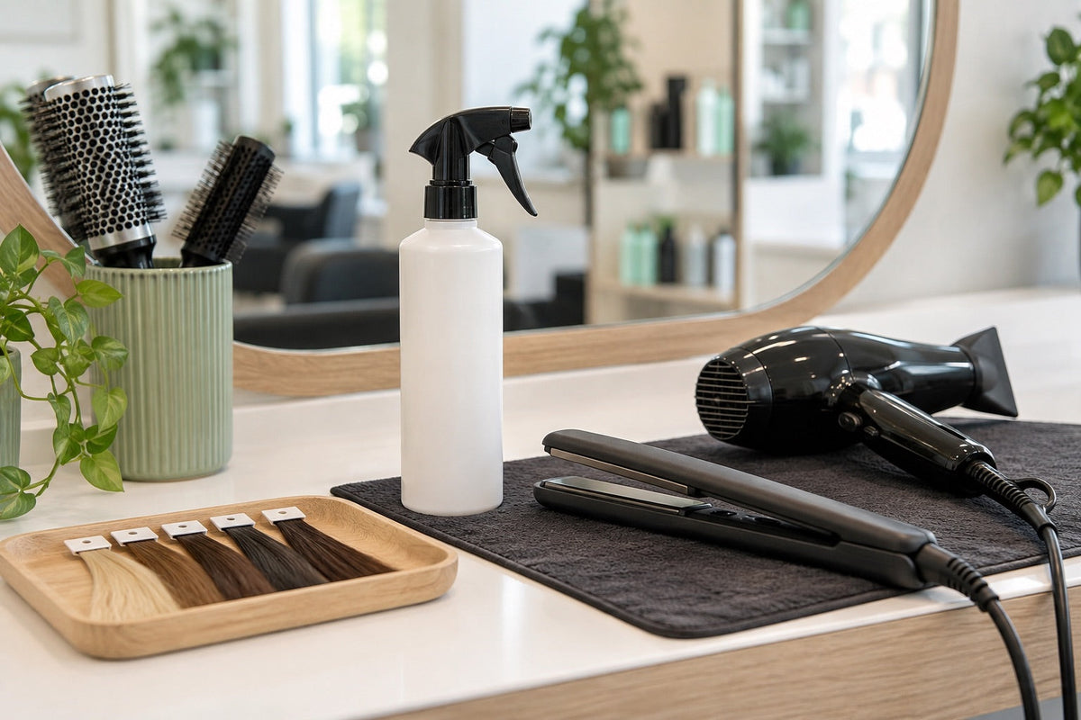 AI: Pflegespray, Föhn und Glätteisen auf einer hitzefesten Unterlage. KI-generiertes Titelmotiv.