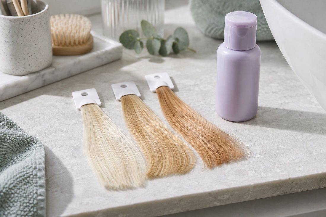 AI: Blonde Mustersträhnen mit warmen Reflexen neben einer neutralen Shampoo-Flasche. KI-generiertes Titelmotiv.