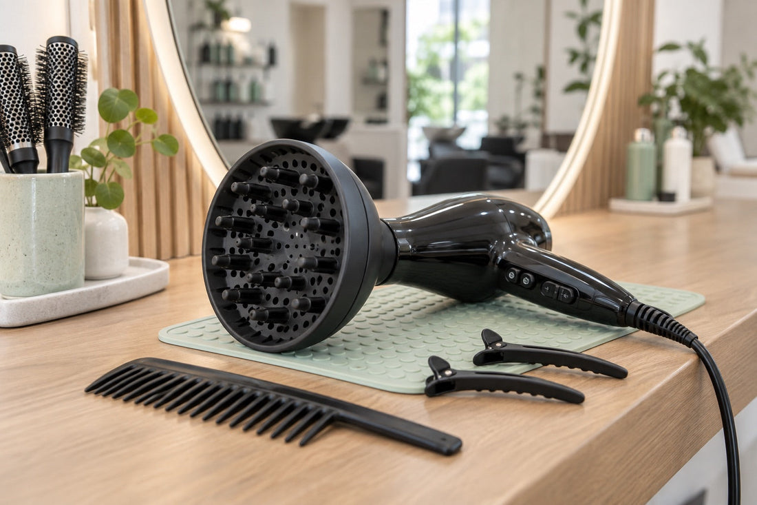 AI: Frau mit langen Locken und Mann mit kurzen Locken auf einer hellen Salonbank.
