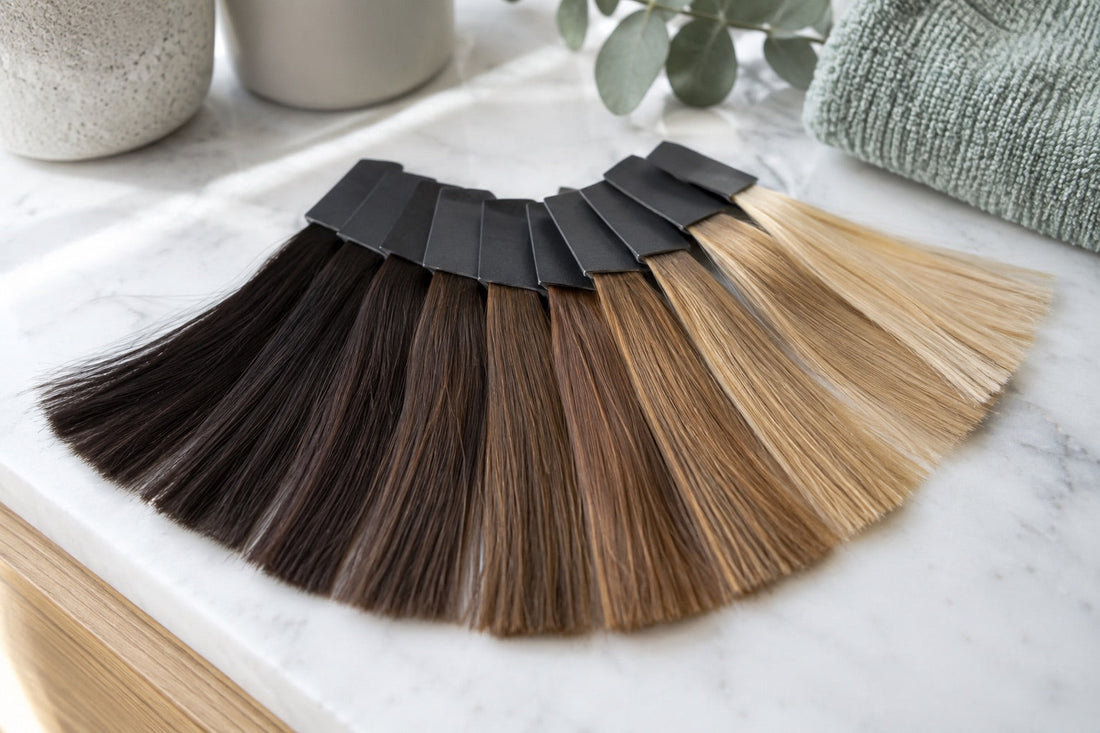 AI: Mustersträhnen von Dunkelbraun bis Blond zur Veranschaulichung von Tonhöhe und Unterton. KI-generiertes Titelmotiv.