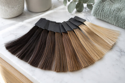 AI: Mustersträhnen von Dunkelbraun bis Blond zur Veranschaulichung von Tonhöhe und Unterton. KI-generiertes Titelmotiv.