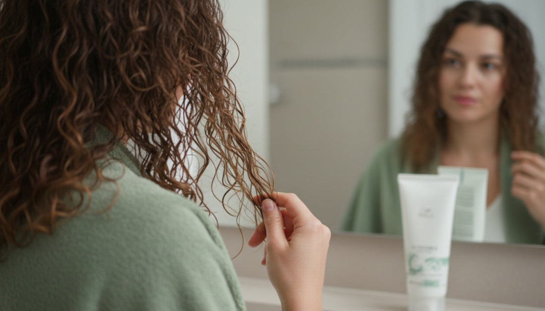 KI-generiert: Krauses Haar Spiegelroutine Badezimmer