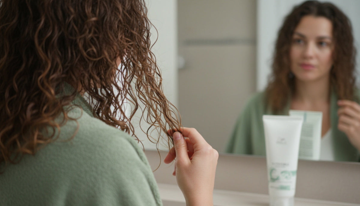 KI-generiert: Krauses Haar Spiegelroutine Badezimmer