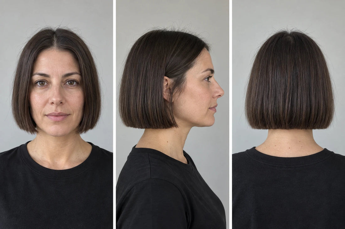 AI: Dieselbe Frau mit geradem braunem Blunt Bob von vorn, von der Seite und von hinten.