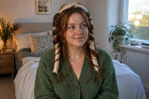 AI: Frau mit langem Haar, das um ein helles Wickelband auf beiden Kopfseiten gelegt ist.