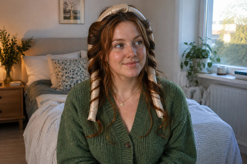 AI: Frau mit langem Haar, das um ein helles Wickelband auf beiden Kopfseiten gelegt ist.