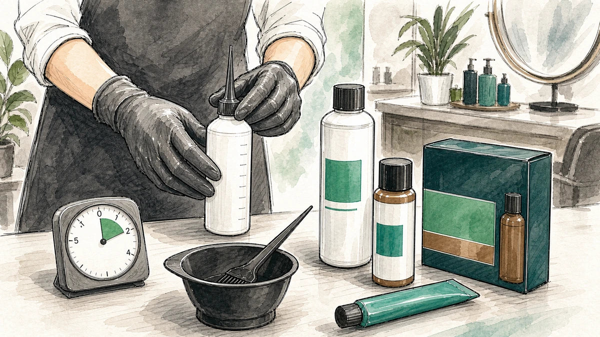 Skizze: Arbeitsplatz mit Timer, Handschuhen und Men ReShade Produkten vorbereiten