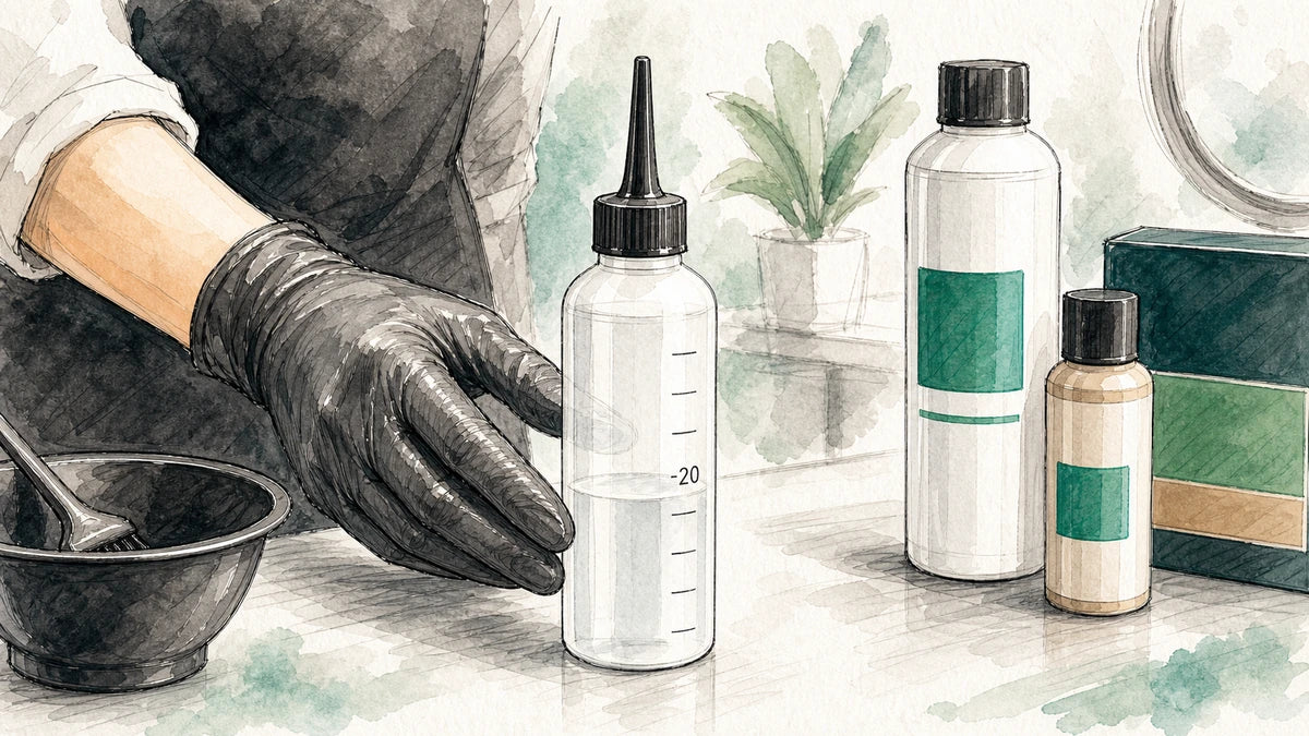 Skizze: Auftragsflasche mit 20 ml Entwickler bis zur Markierung