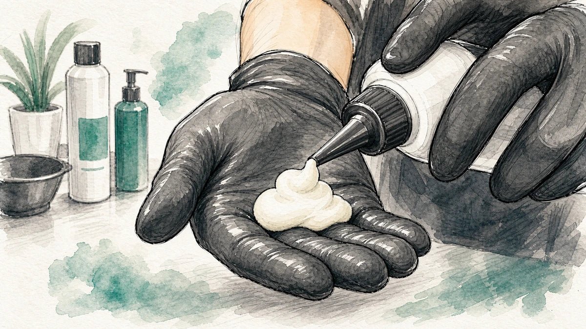 Skizze: ReShade Farbschaum wird auf eine behandschuhte Hand dosiert