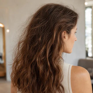 AI: Frau mit langem, leicht gewelltem braunem Haar und sichtbarem Frizz, von hinten im Friseursalon.