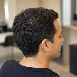 AI: Mann mit dichtem, kurzem dunkelbraunem Haar, von hinten im Friseursalon.