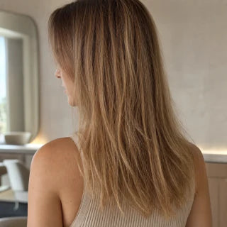 AI: Frau mit langem, glattem Haar, dunklem Ansatz und hellblonden Längen, von hinten im Friseursalon.