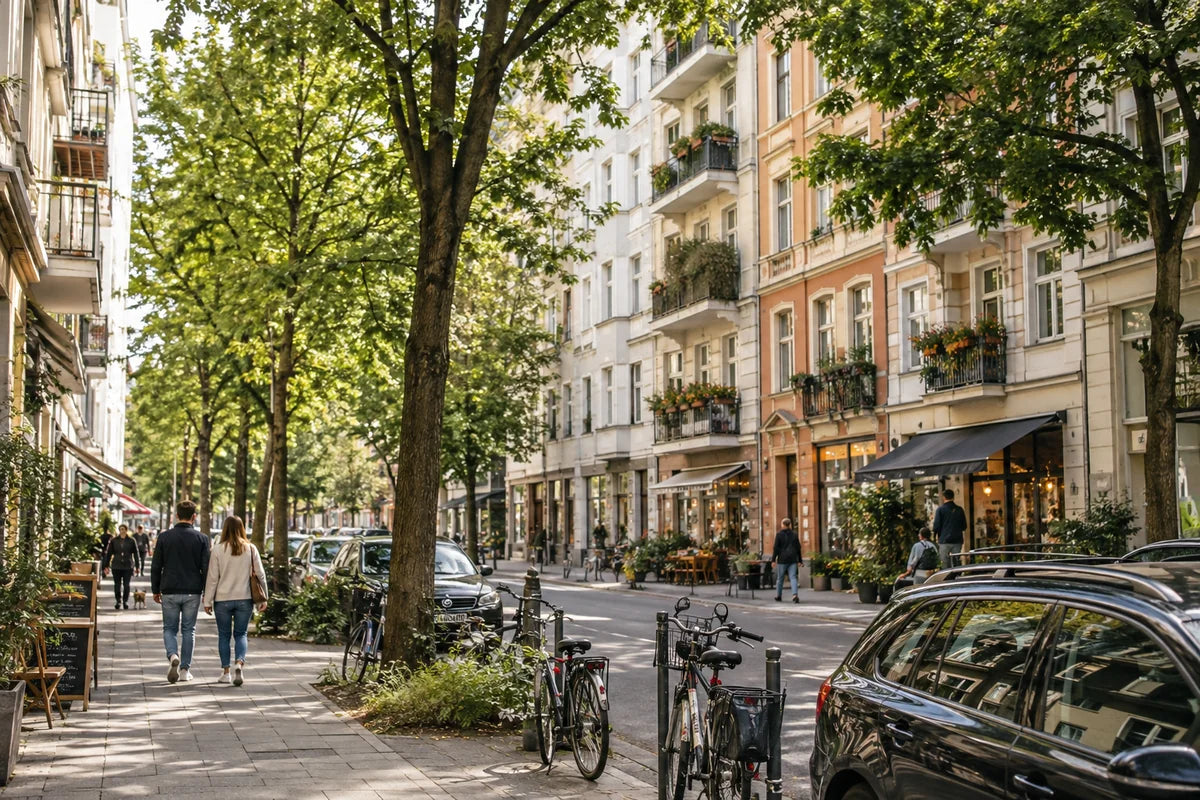 KI-generiert: Belebtes Stadtviertel mit Wohnhäusern und Geschäften
