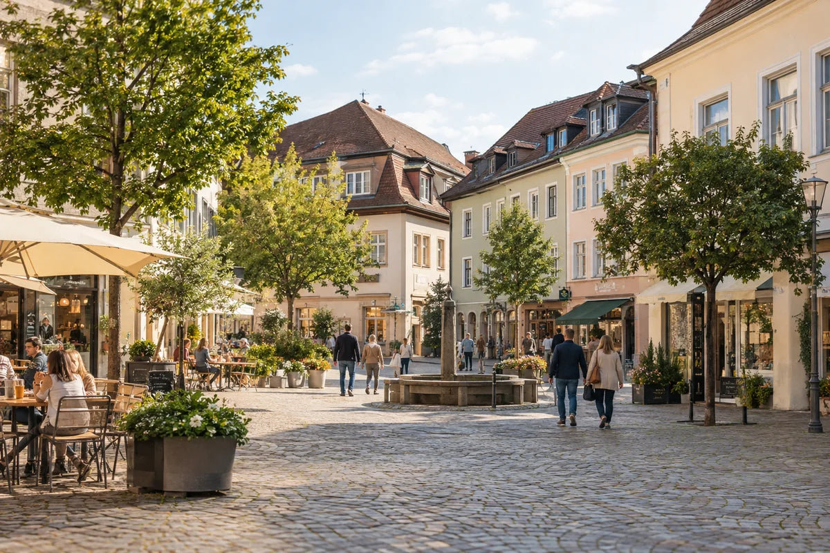KI-generiert: Marktplatz mit Geschäften in einer deutschen Kleinstadt