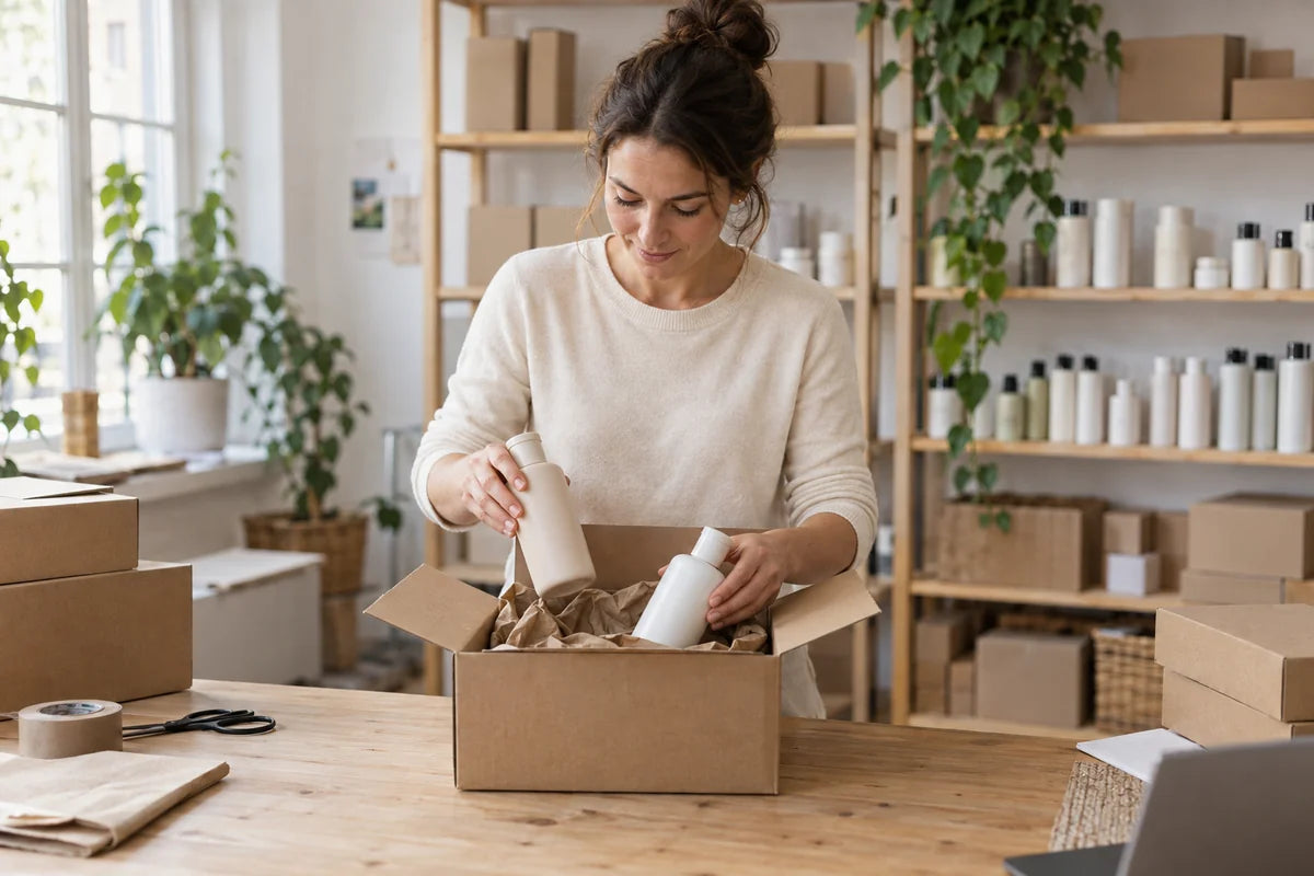 KI-generiert: Sorgfältiges Verpacken einer Onlineshop-Bestellung mit Pflegeprodukten